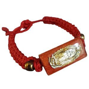 Vintage Catholic Bracelet Red Cord Gold Tone Wooden Virgin Mary Charm